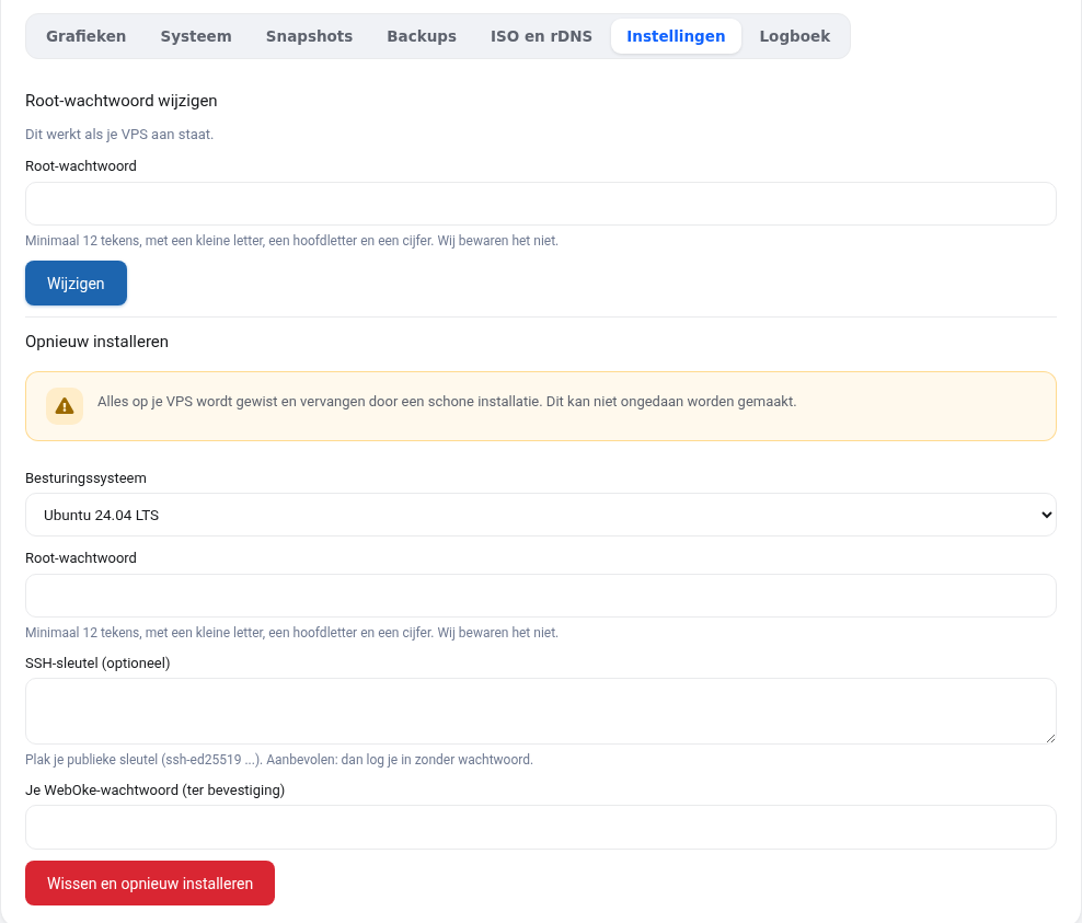 Fanen Indstillinger med Skift root-adgangskode og Geninstaller