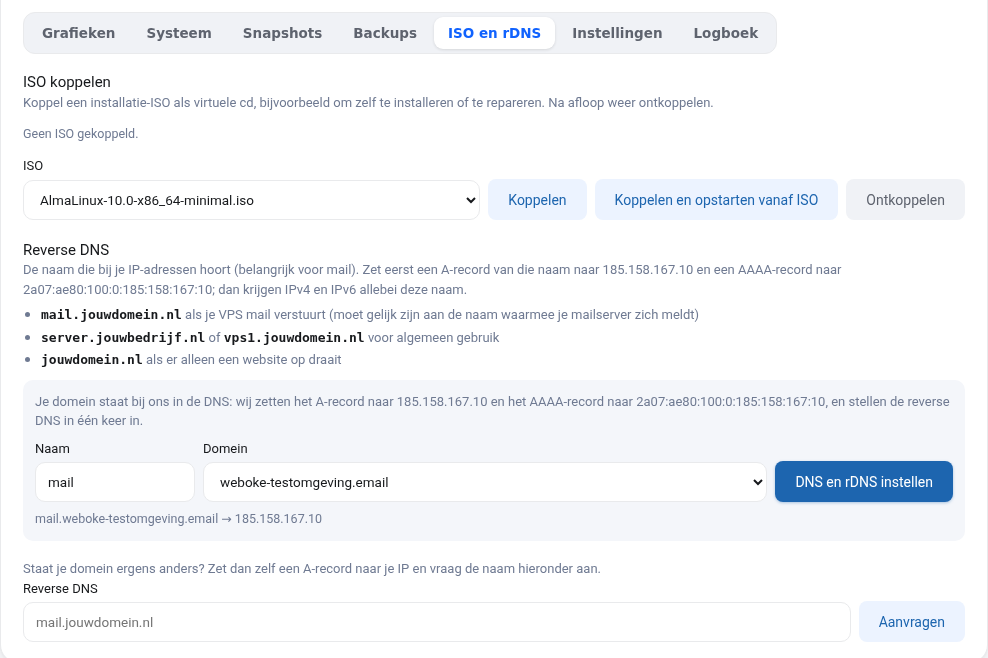 Fanen ISO og rDNS med valg af ISO og knapperne Tilknyt og Frakobl